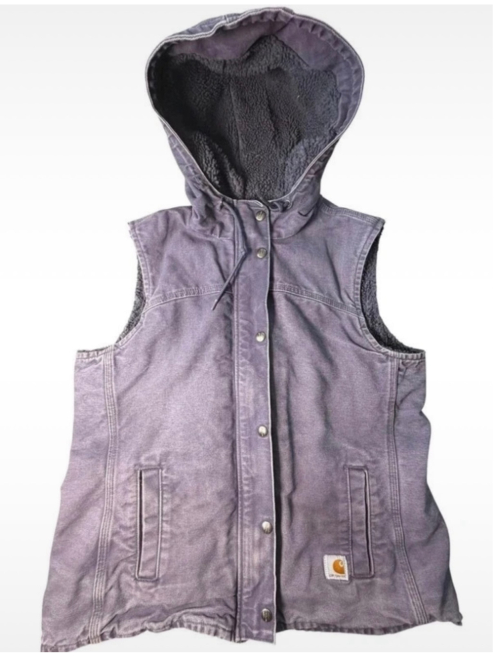 Vtg Women's Carhartt Hooded Vest Large Faded Purple Grey Sherpa Lined Canvas
